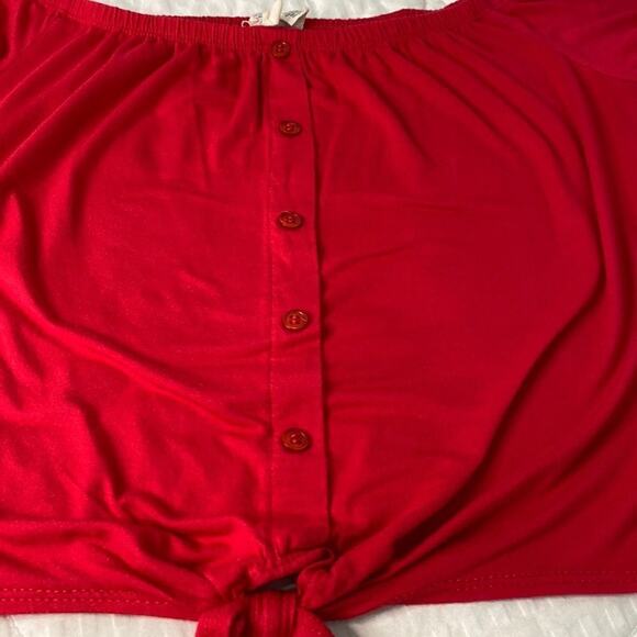 Sky and Sparrow Button Down Crop Top with Waist Tie in Red M On Off Shoulder - Picture 10 of 12